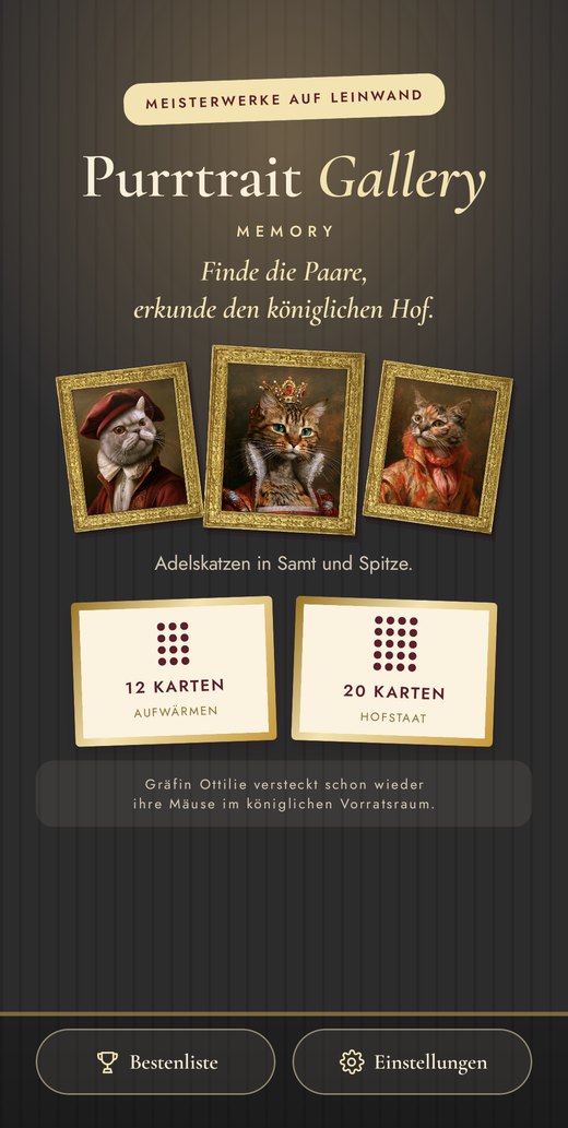 Startbildschirm von Purrtrait Gallery Memory mit drei gerahmten Katzenporträts