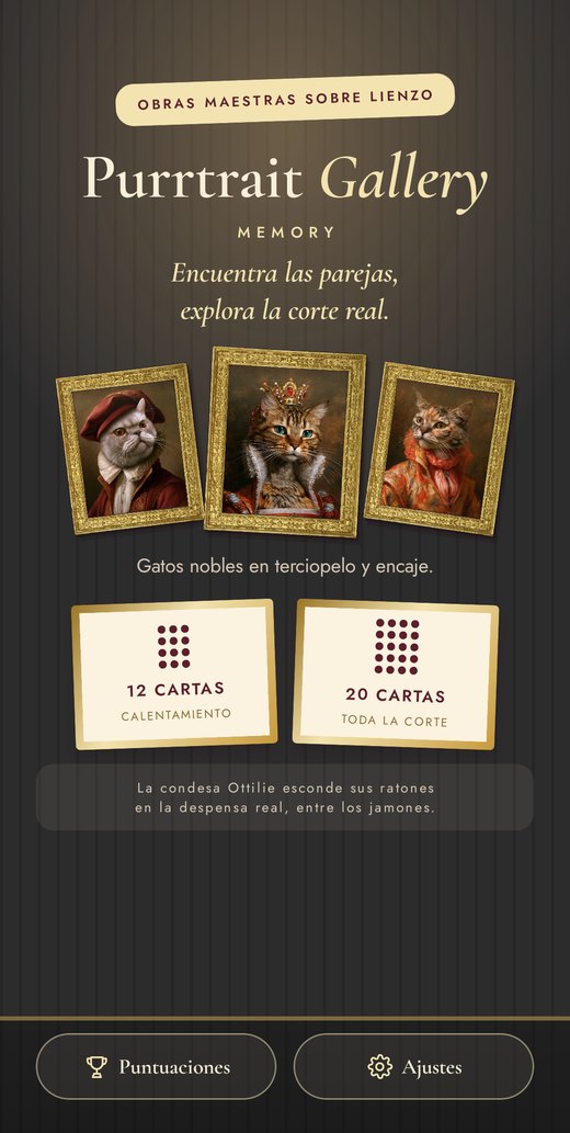Pantalla de inicio de Purrtrait Gallery Memory con tres retratos felinos enmarcados
