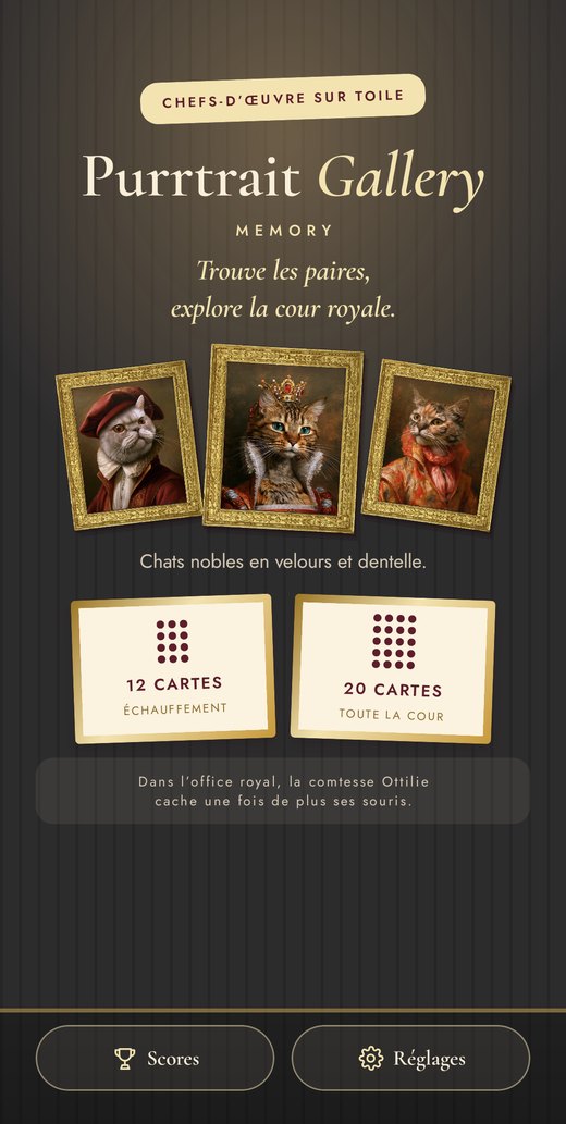 Écran d’accueil de Purrtrait Gallery Memory avec trois portraits de chats encadrés