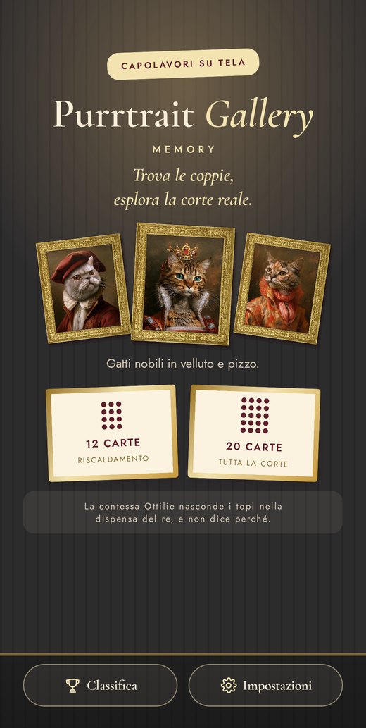 Schermata iniziale di Purrtrait Gallery Memory con tre ritratti felini incorniciati