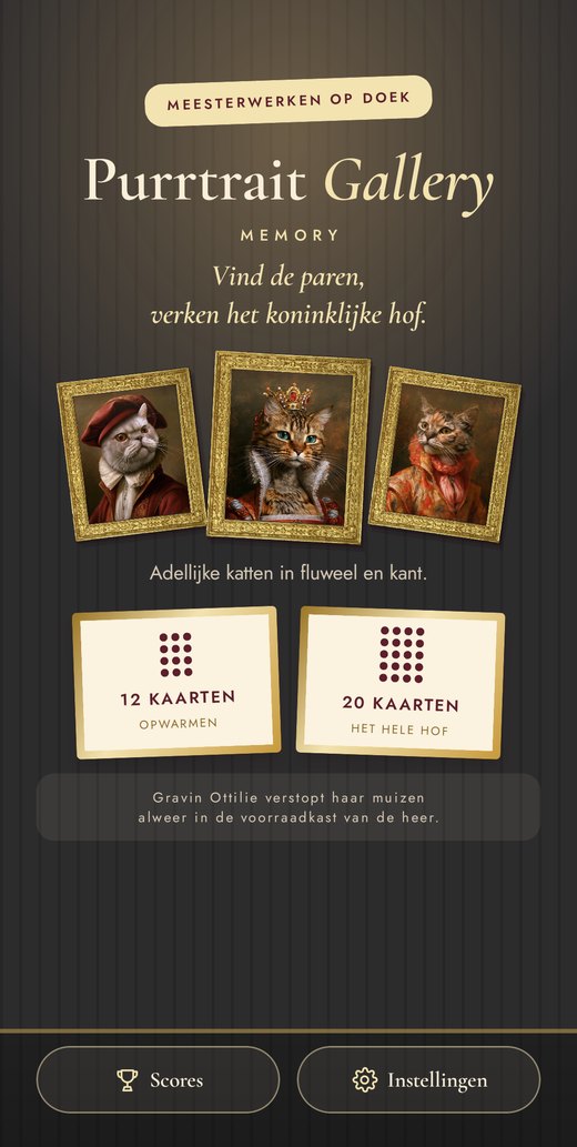 Startscherm van Purrtrait Gallery Memory met drie ingelijste kattenportretten